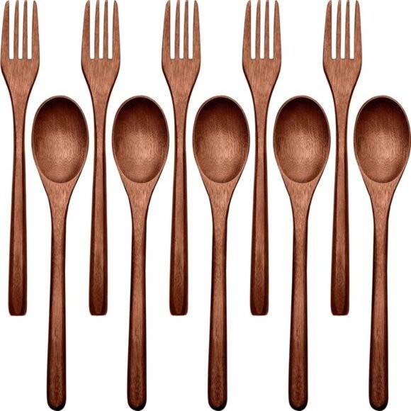 (10 Pack) Wooden Spoons Forks Set Wooden Utensils for Eating Wood Dinner Utensil - Picture 1 of 7